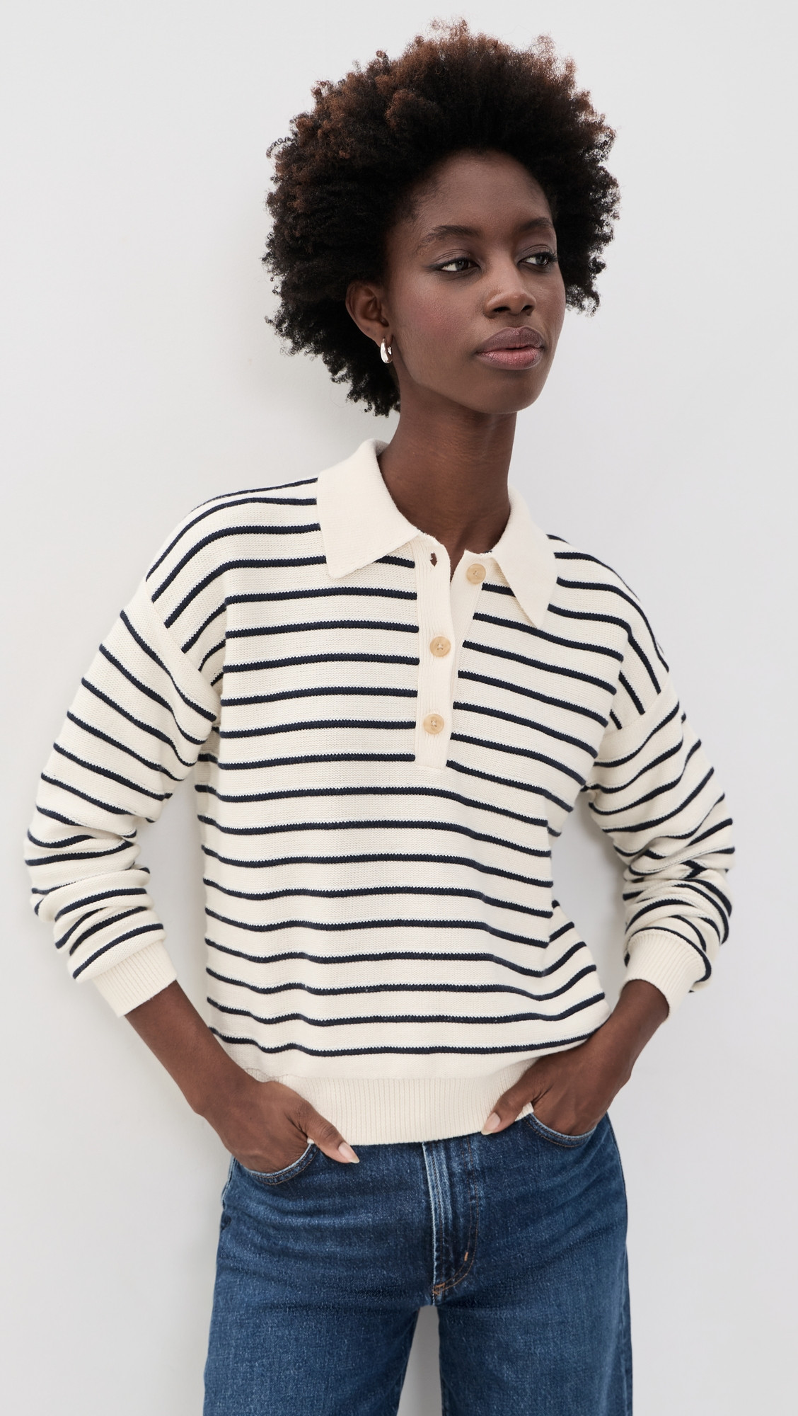 Marine Layer Mid Gauge Rugby Polo Pullover Antique White/Navy Stripe XS | Shopbop