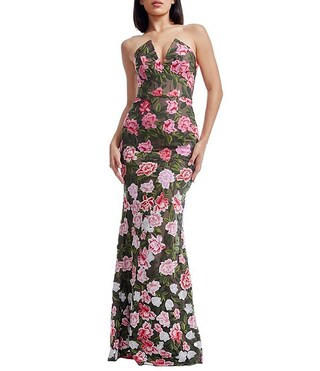 Dress the Population Fernanda V-Neck Strapless Floral Embroidered Mesh Sheath Gown | Dillard's | Dillard's