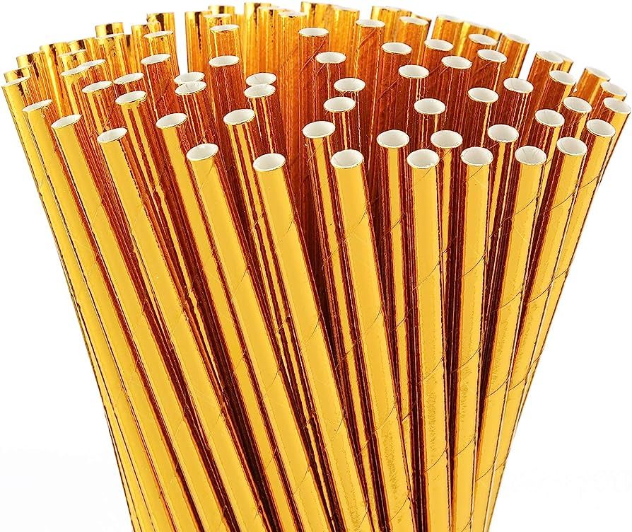 ALINK Gold Foil Paper Straws, Biodegradable Disposable Drinking Straws for Birthday, Wedding, Bri... | Amazon (US)