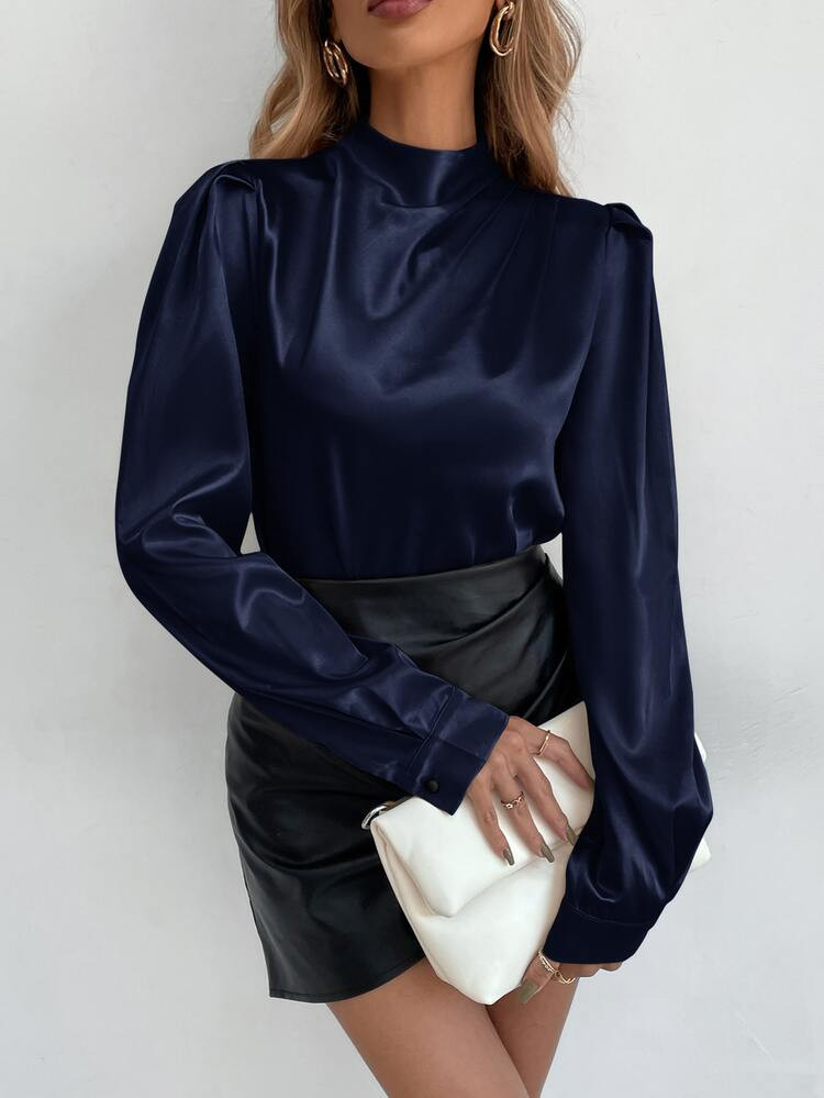 Satin Mock Neck Puff Sleeve Blouse | SHEIN