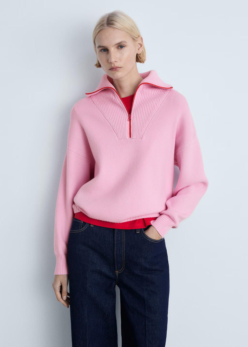 Contrasting knitted sweater with zip - Women | MANGO United Kingdom | MANGO (UK)
