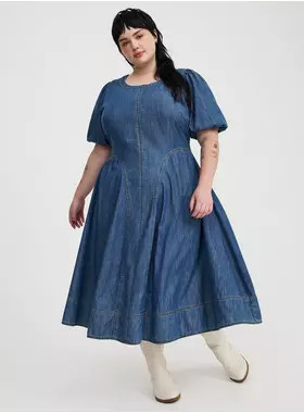 Puff-Sleeve Tea-Length Denim Dress | Torrid (US & Canada)