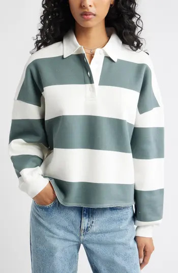 BP. Stripe Cotton Blend Rugby Sweatshirt in White- Green Ella Rugby Stripe at Nordstrom Rack, Size Large | Nordstrom Rack