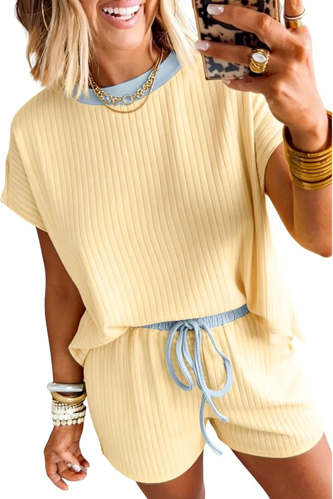 SELINK Women's Ribbed 2 Piece Summer Outfit Color Block Crewneck Short Sleeve Top and Drawstring ... | Amazon (US)