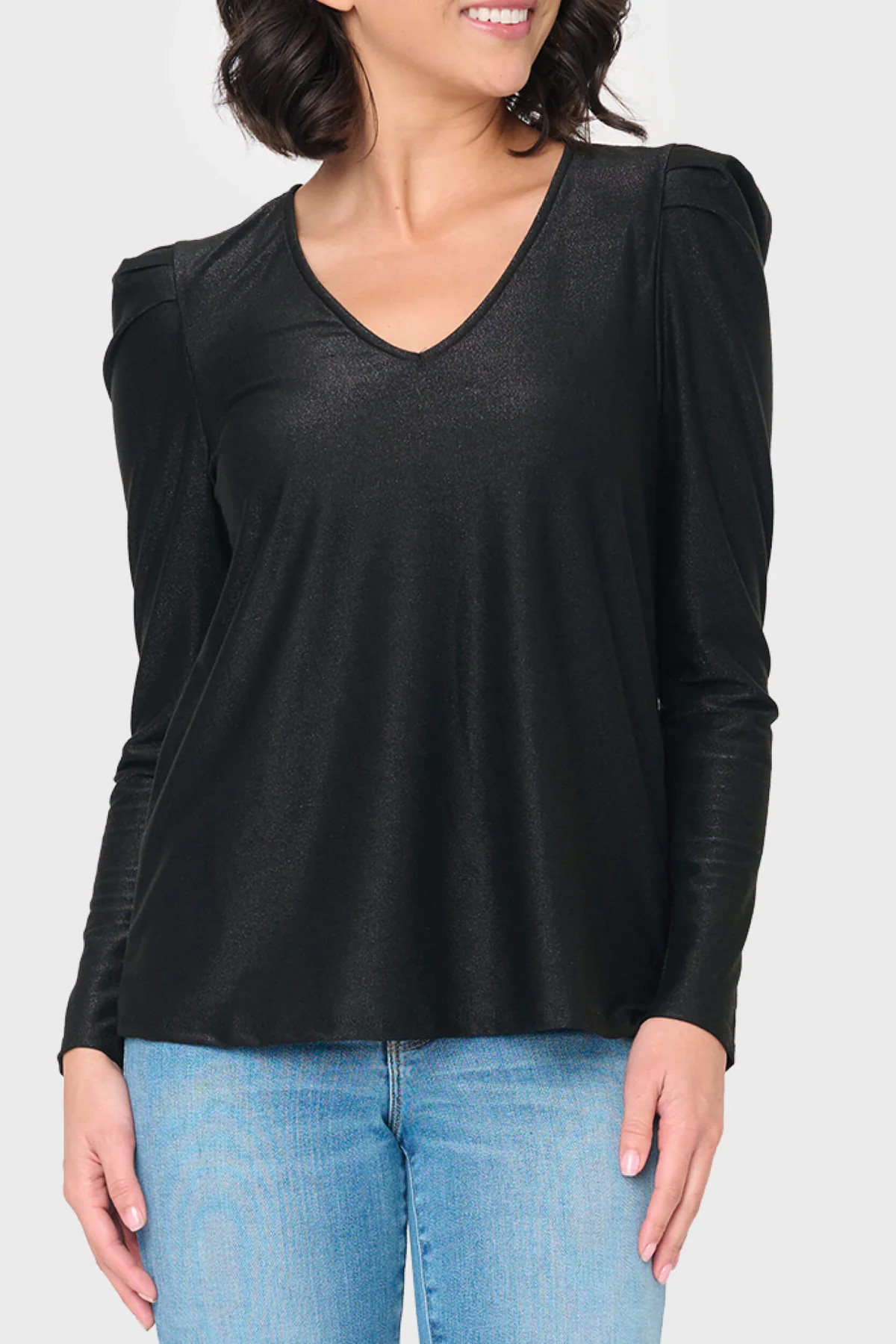 V-Neck Pleat Shoulder Lurex Knit Top | Gibson