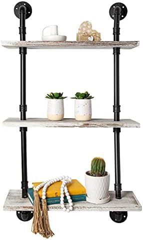 3-Tier Industrial Shelves – Wall-Mount, Farmhouse Shelves w/ Rustic Wood and Black Matte Pipe B... | Amazon (US)