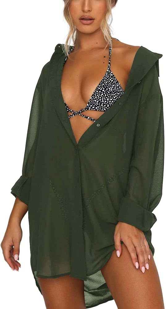 Women's Swimsuit Beach Cover Up Loose V-Neck Button Down Bikini Bathing Suit | Amazon (US)
