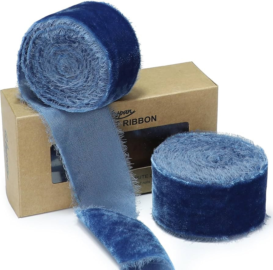 Dusty Blue Velvet Ribbon Handmade Fringe Fabric Ribbons for Crafts Flower Bouquet Wedding Decorat... | Amazon (US)