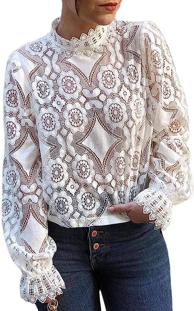 Women's Long Sleeve Lace Crochet Tops Casual Hollow Out Stand Collar Shirt Tees | Amazon (US)