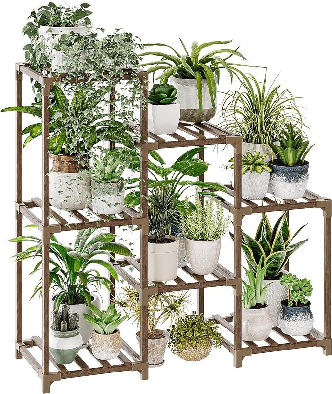 Bamworld Plant Stand Indoor Plant Shelf Outdoor Wood Plant Rack for Multiple Plants 3 Tiers Ladde... | Amazon (US)
