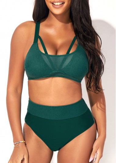 High Waist Dark Green Mesh Stitching Bikini Set | modlily.com - USD 28.98 | modlily.com