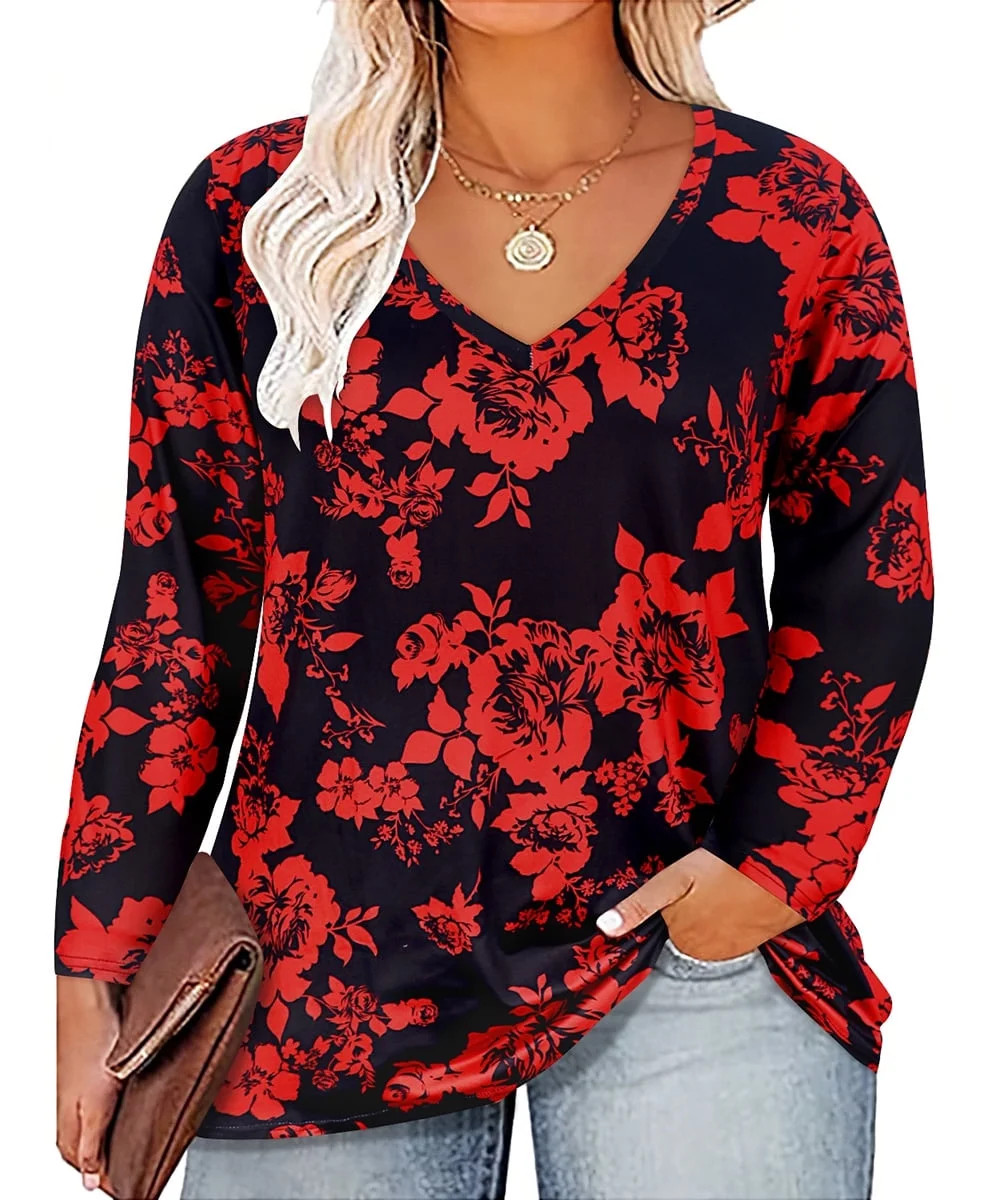 TIYOMI Plus Size Long Sleeve Tops For Women 3X Flower Shirts Causal Blouses V Neck Red Floral Tee... | Walmart (US)
