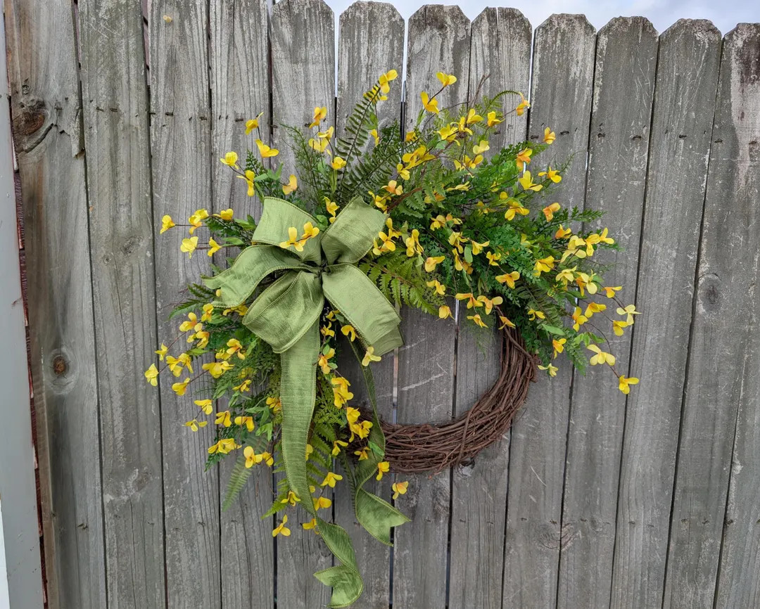 Forsythia Spring Wreath, Yellow Bell and Fern Door Wreath, Artificial Floral Wreath, Simple Summe... | Etsy (US)