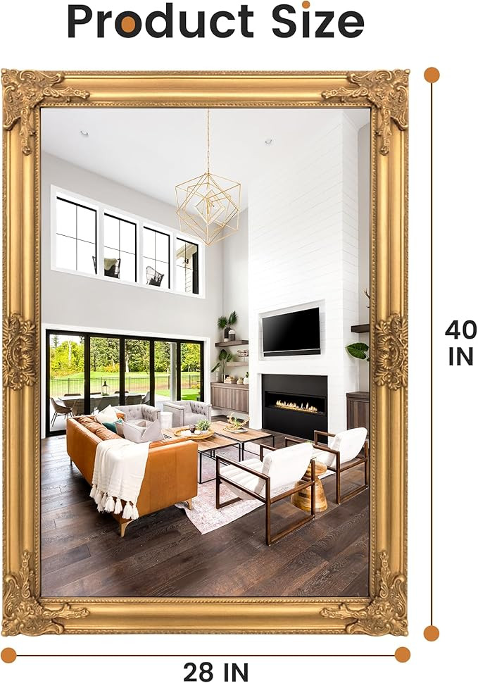 Vintage Gold Mirror for Wall, 28"x40" Antique Decorative Baroque Mirror with Imitation Metal Fram... | Amazon (US)