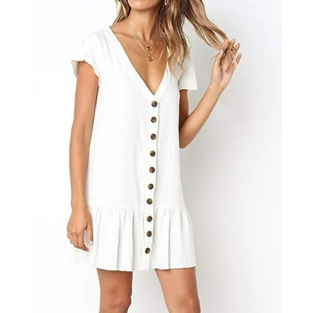 Womens V Neck Button Down Shirt Dresses Short Sleeve Ruffles Midi Skater Dress with Pockets | Walmart (US)