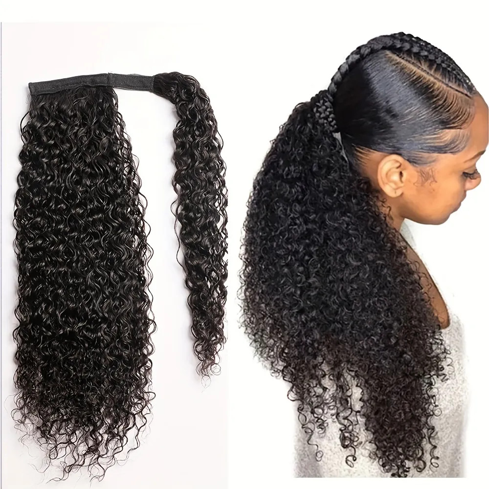 Long Wavy Deep Wave Ponytail Extensions Natural Black Color Brazilian Hair With Magic Paste 16 26... | Temu Affiliate Program
