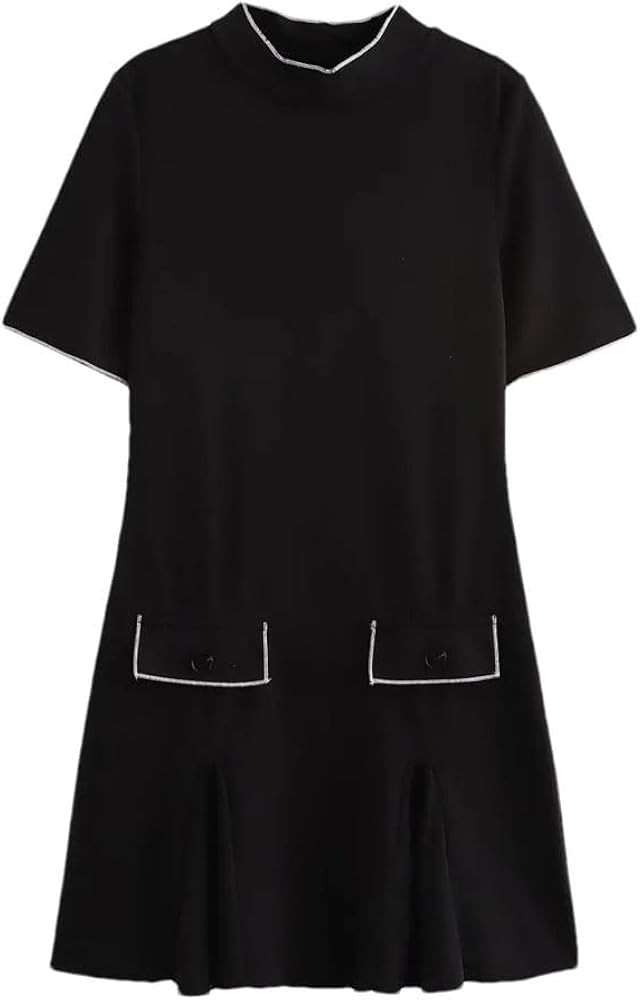 Women's Slim-Fit Stand-Up Collar Short-Sleeved Wavy Wide Hem Short Skirt Black M(6) | Amazon (US)