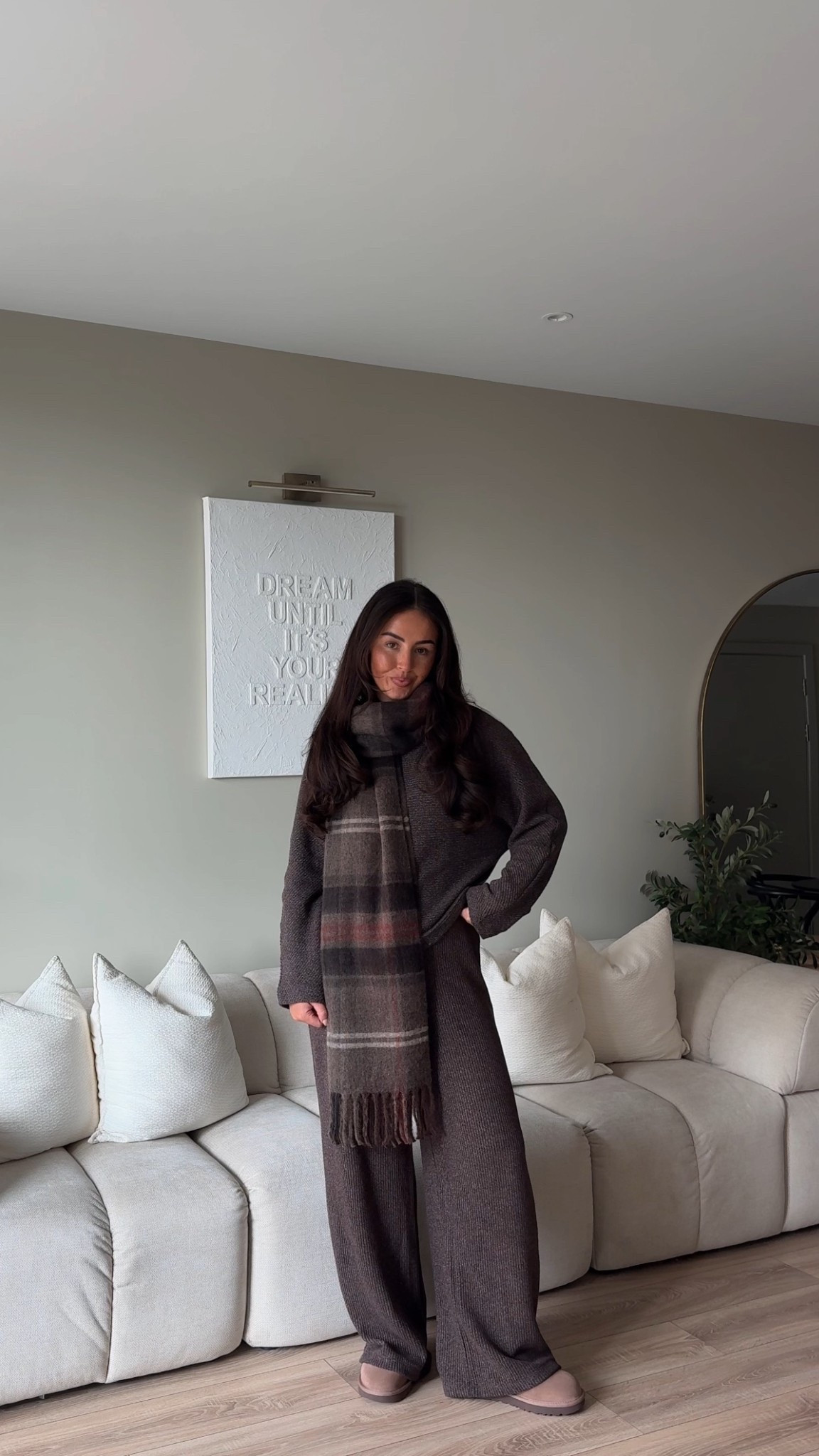 Autumn loungewear, lounge set, cosy autumn outfits, autumn outfit, winter outfit, brown jumper, check scarf, brown scarf, Ugg boots, micro Uggs

#LTKautumn #LTKuk #LTKwinter