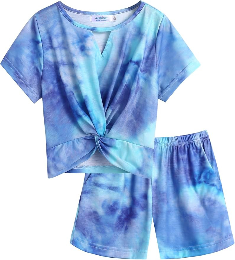 Arshiner Girls Summer 2 Piece Outfits Tie Dye Short Sets Casual Twist Front Short Sleeve Tops and... | Amazon (US)