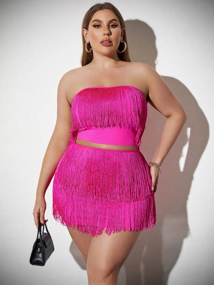 SHEIN Privé Plus Size Romantic Fringed Bodycon Strapless Top And Skirt, Suitable For Country Mus... | SHEIN