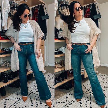 Midsize outfit - Spanx pull on smoothing flare jeans wearing an xl in both pairs 
Code: taryntrulyxspanx 
•On the left I am wearing a petite (I’m 5’6) and have on a kitten heel . 
•on the right I am wearing a regular length and a 2-3 inch heel for height (I am 5’6) 

#LTKSeasonal #LTKmidsize #LTKstyletip