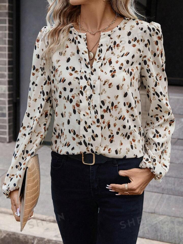 SHEIN Clasi Allover Print Notched Neckline Lantern Sleeve Blouse | SHEIN