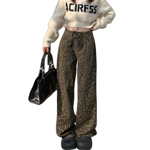 YELLOOP Leopard Print Y2k Jeans Grunge Pants Womens Baggy 2000s (Dark,XXL,XX-Large) | Amazon (US)