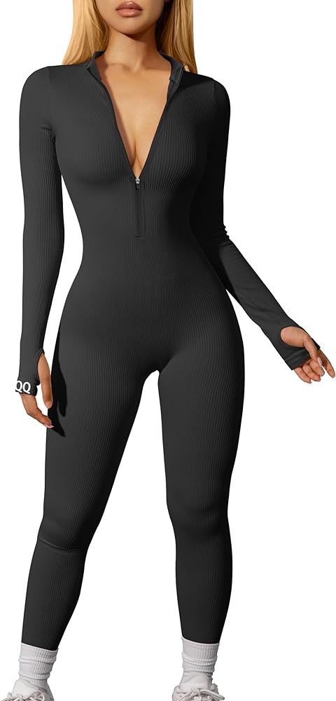 OQQ Women Yoga Jumpsuits Workout Ribbed Long Sleeve Zip Front Sport Jumpsuits | Amazon (US)