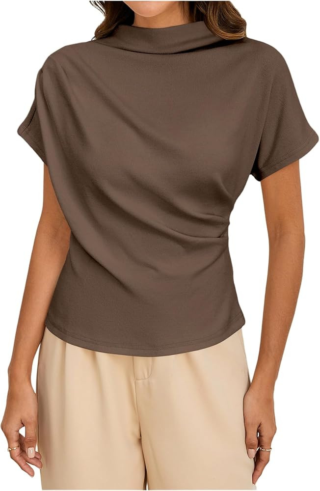 SweatyRocks Women's Casual Short Sleeve Mock Neck Tee Top Asymmetric Ruched Plain T Shirt | Amazon (US)