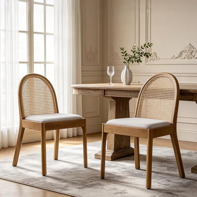 Ya-Home Mid Century Dining Chairs Set of 2, Accent Rattan Linen Fabric Side Chairs Kitchen Chair ... | Amazon (US)
