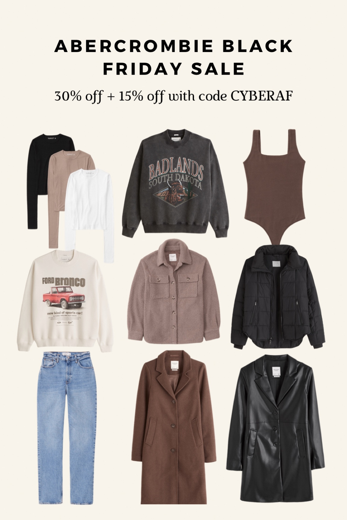Abercrombie Cyberweek Sale 30% off with an additional 15% off with code CYBERAF !! 

#LTKCyberweek #LTKHoliday #LTKSeasonal