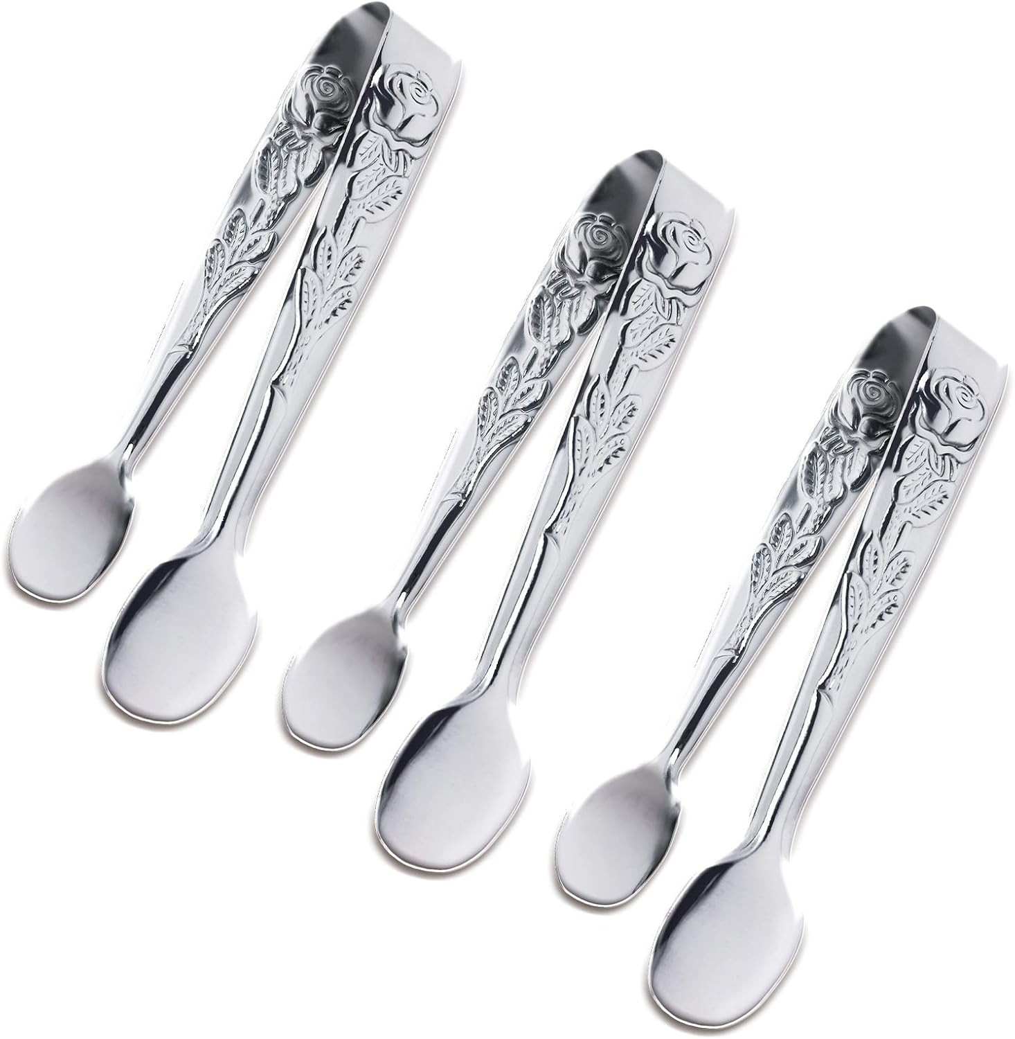 3PCS Mini Serving Tongs, 4Inch Rose Stainless Steel Sugar Cube Tongs, Sliver Small Ice Tong for Tea and Coffee Party, Appetizers, Desserts by Sunenlyst (Silver) | Amazon (US)