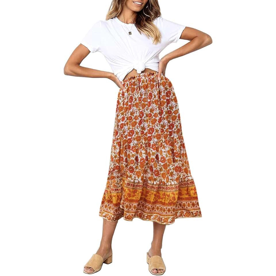 Women's Boho Floral Print Elastic High Waist Pleated A Line Midi Skirt with Pockets | Amazon (US)