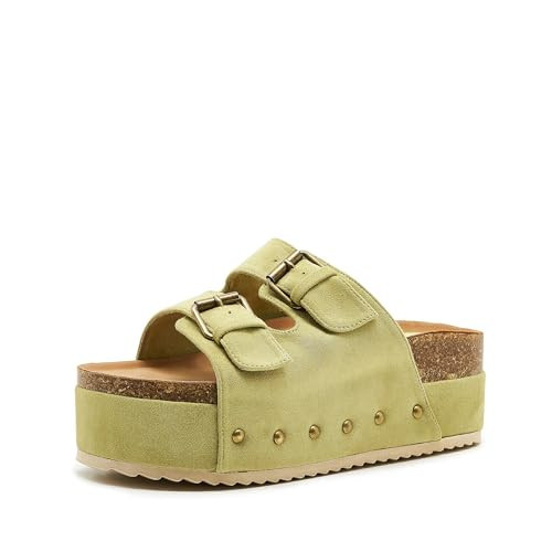 Moyilishan Women's Suede Platform Sandals Comfortable Cork Footbed Studded Flatform Sandals Adjustable Buckle Straps Flat Clogs Slide Sandals Lime Green Size 10 | Amazon (US)