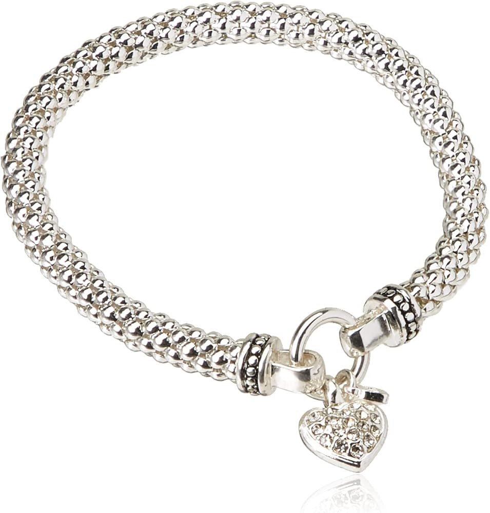 NINE WEST Women's Silvertone Crystal Pave Heart Stretch Bracelet | Amazon (US)