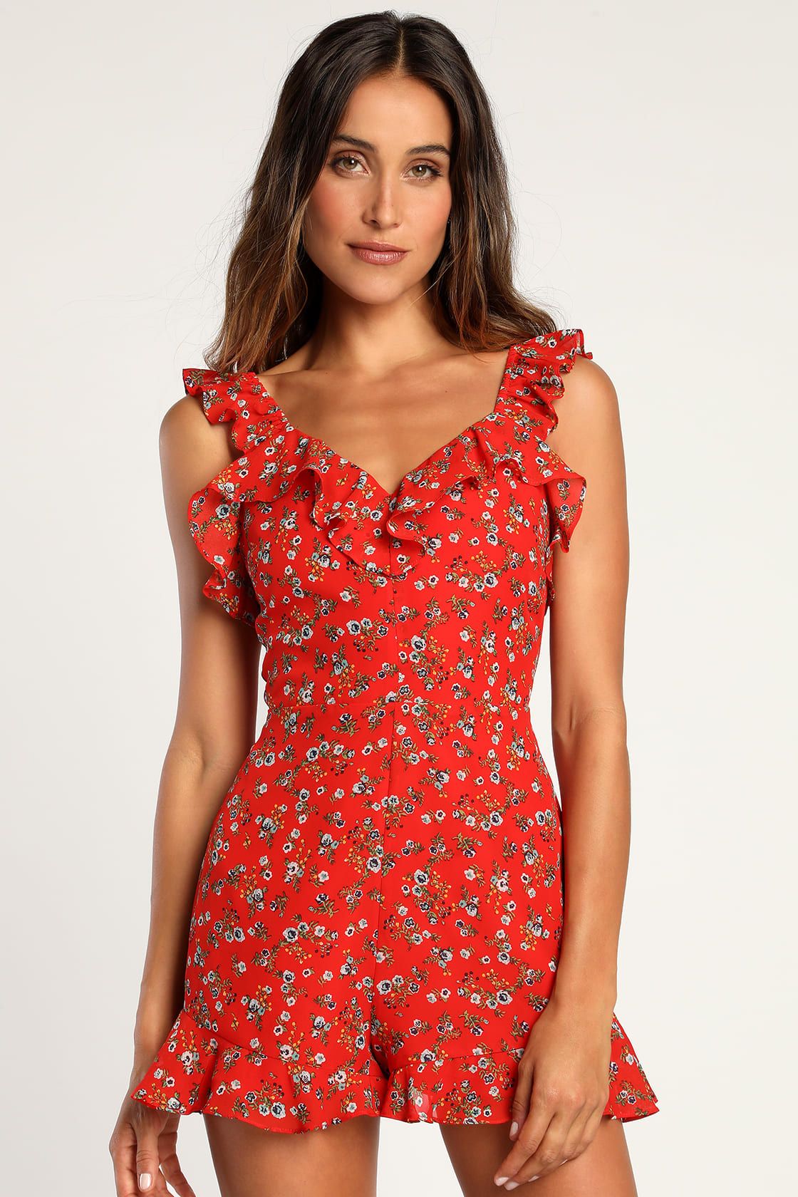 Passionate Petals Red Floral Print Ruffled Open Back Romper | Lulus (US)