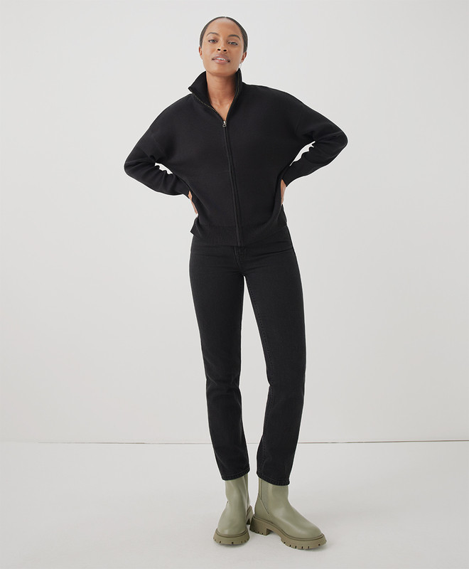 classic fine knit zip front sweater | Pact Apparel