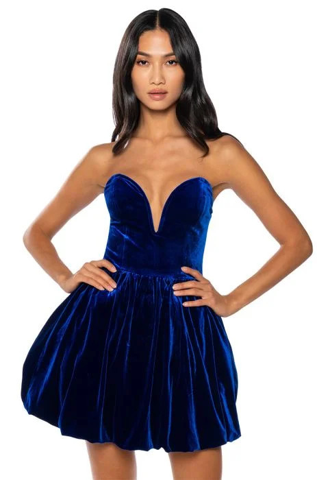 REGINA PLUNGING STRAPLESS VELVET MINI BUBBLE DRESS IN BLUE | AKIRA