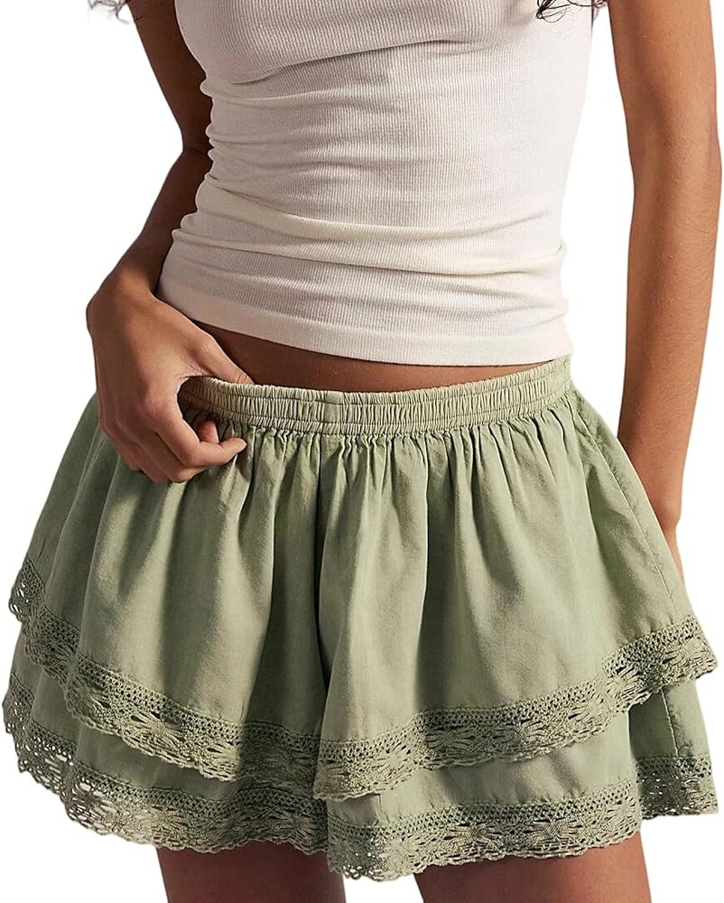Womens Lace Trim Ruffle Hem Tiered Boho Flowy Shorts Y2k Elastic Waist Layered Summer Going Out C... | Amazon (US)