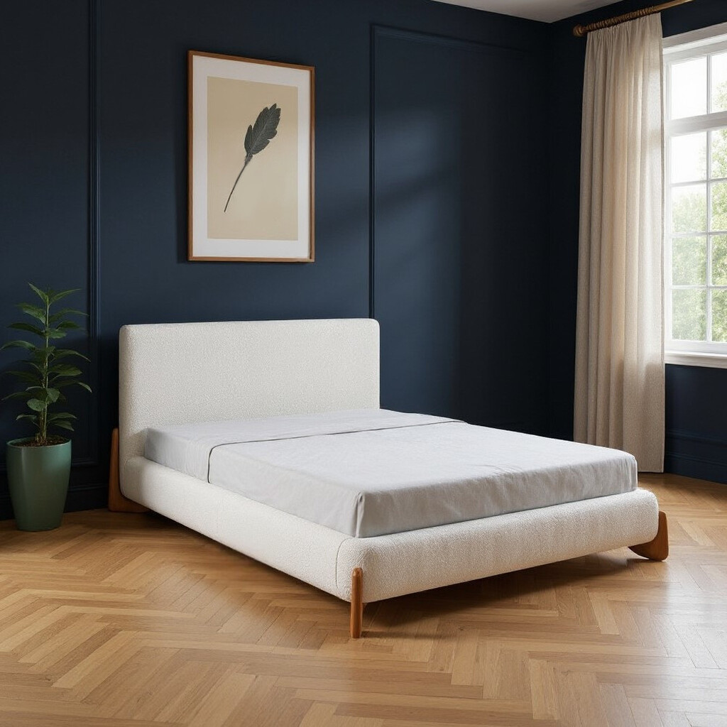 Solid Wood and Boucle Queen Bed Frame In Ivory | 1stopbedrooms
