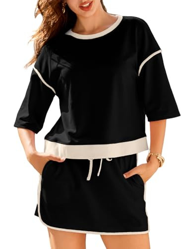 EVALESS Women's 2 Piece Sets Summer Casual Short Sleeve Tops Matching Drawstring Mini Skirt Going... | Amazon (US)
