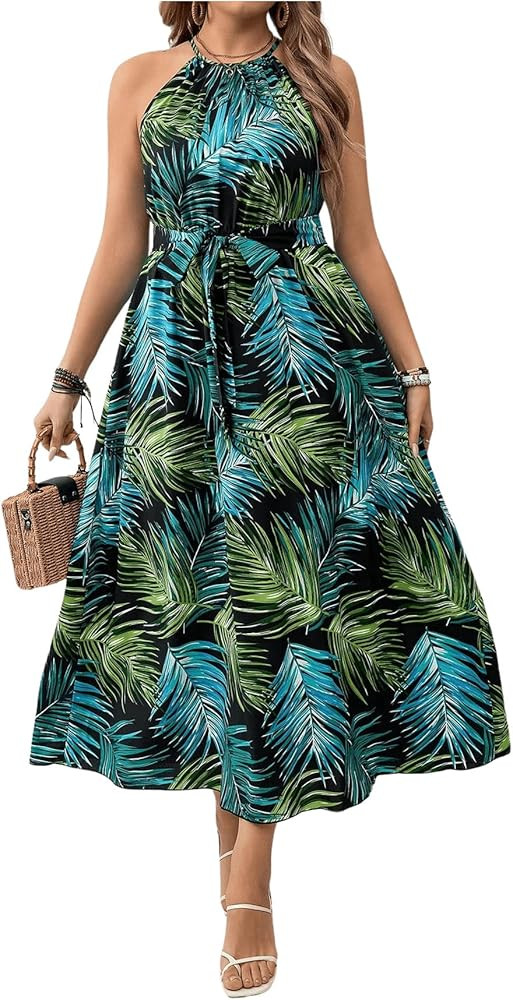 Floerns Women's Plus Size Boho Sleeveless Halter Neck Tie Back A Line Long Dress | Amazon (US)