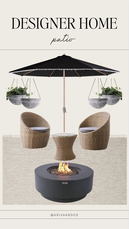 Designer home patio! 

Umbrella, outdoor furniture set, wicker, fire pit, rug, plant, home decor 

#LTKFindsUnder100 #LTKSaleAlert #LTKHome
