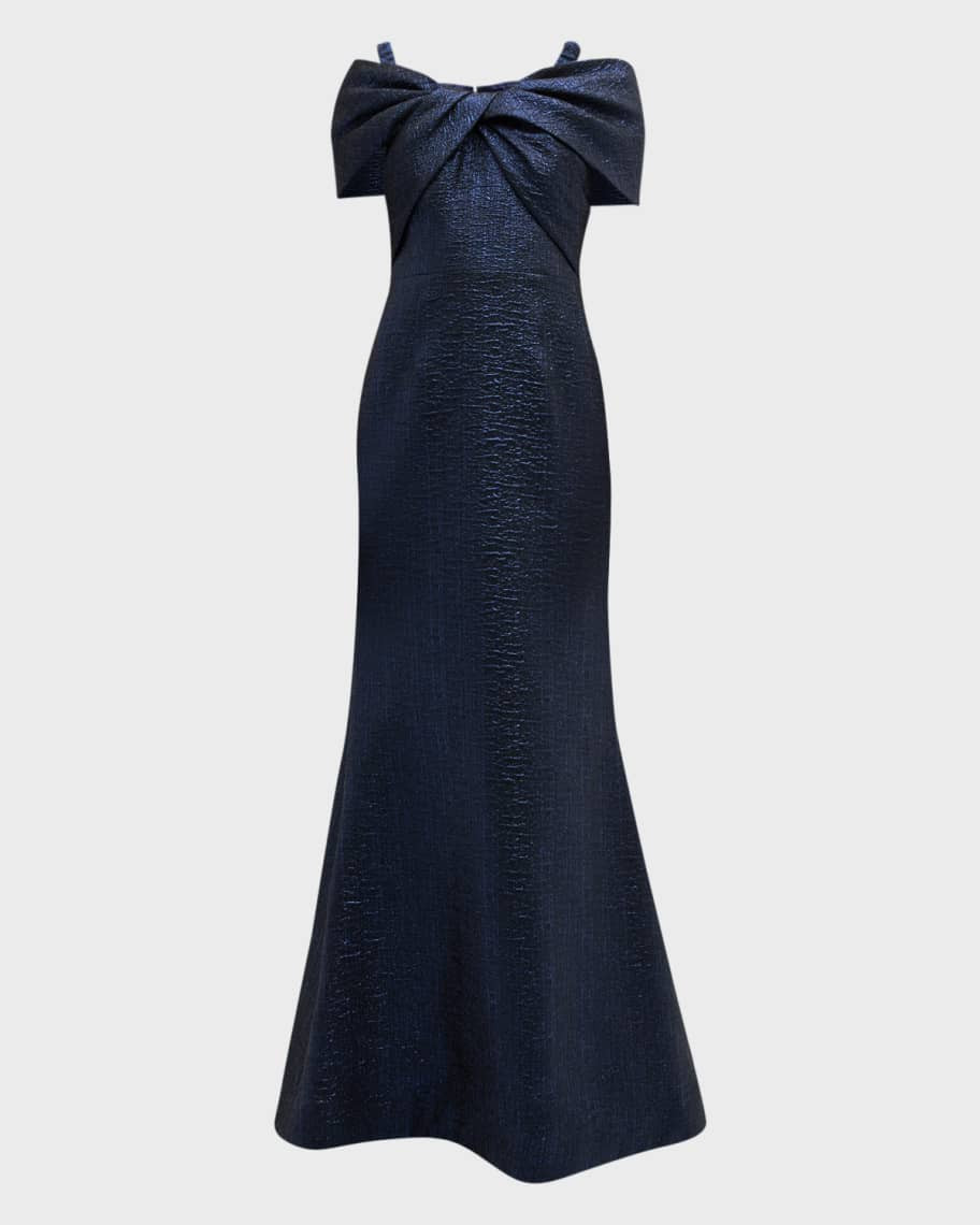 Rickie Freeman for Teri Jon Off-Shoulder Twist-Front Jacquard Gown | Neiman Marcus