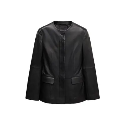MANGO Round Neck Leather Blazer in Black at Nordstrom, Size Small | Nordstrom