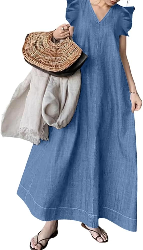 Women's Vintage Cotton Plus Size Sleeveless Denim Maxi Dress Summer Casual Loose V-Neck Long Dres... | Amazon (US)