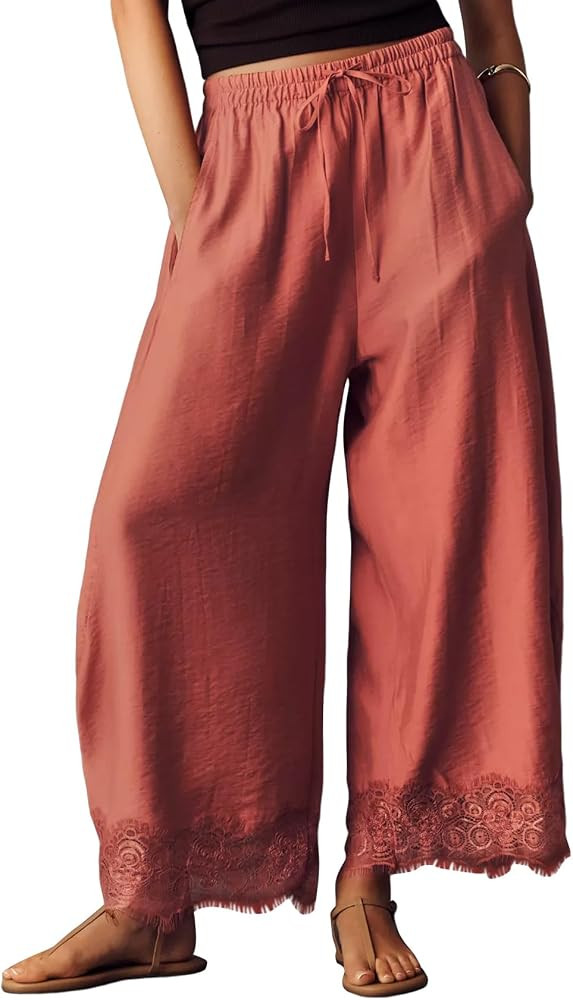 Wyeysyt Wide Leg Pants for Women Lace Trim Cropped Flowy Pants | Amazon (US)