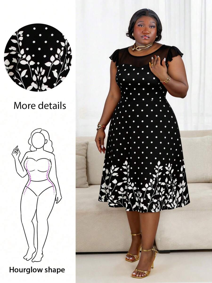 CurvyTilda Plus Size Women Polka Dot & Floral Print Mesh Patchwork Round Neck Flutter Sleeve Eleg... | SHEIN