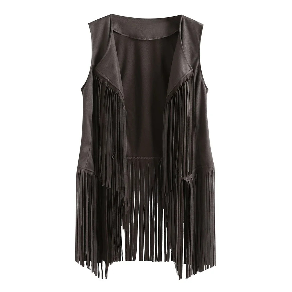 Hxroolrp Women Casual Top Suede Ethnic Sleeveless Tassels Fringed Lapel Vest Cardigan | Walmart (US)