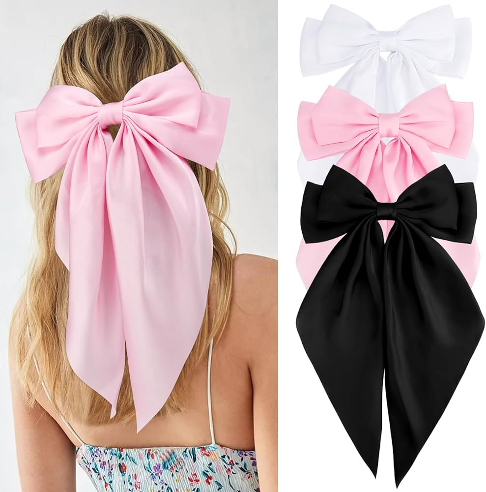Velscrun Hair Bows for Women Girls 3Pcs White Pink Black Silky Satin Large Bows Hair Clip Oversiz... | Amazon (US)